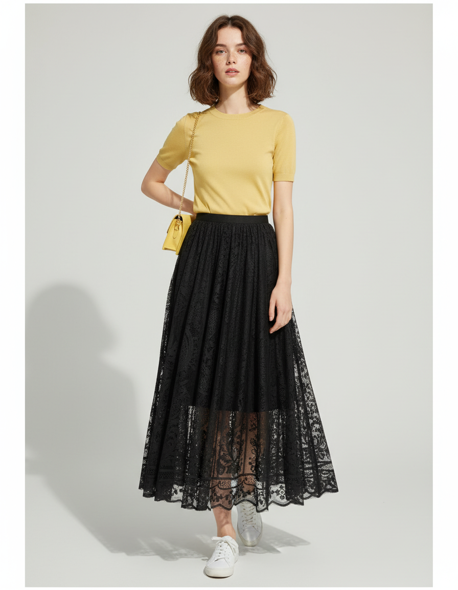 Jupe Longue Dentelle Noire Élégante