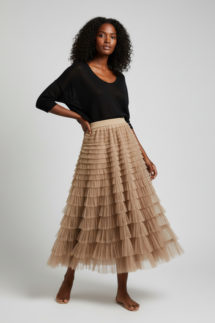 Jupe Longue Beige À Volants Chic