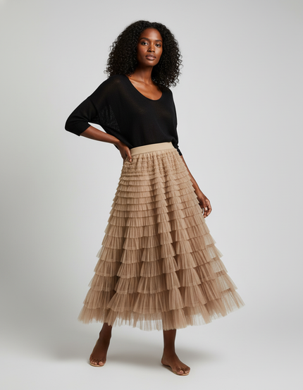 Jupe Longue Beige À Volants Chic