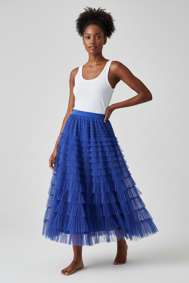Jupe Longue Bleue À Volants Bohème