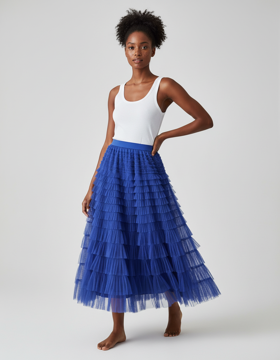 Jupe Longue Bleue À Volants Bohème