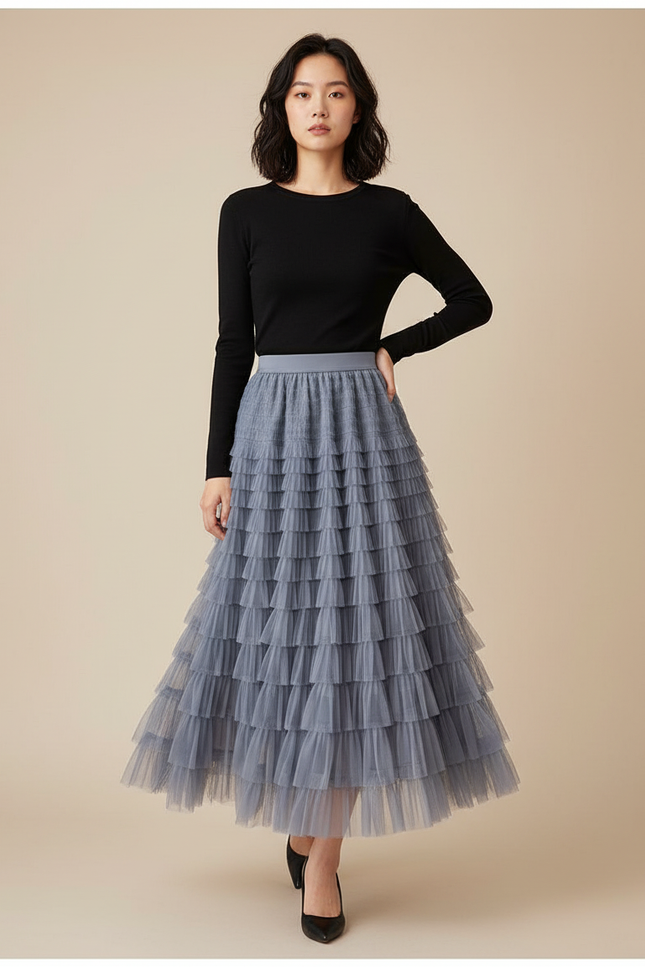 Jupe Longue Grise Tulle Volantée Bohème