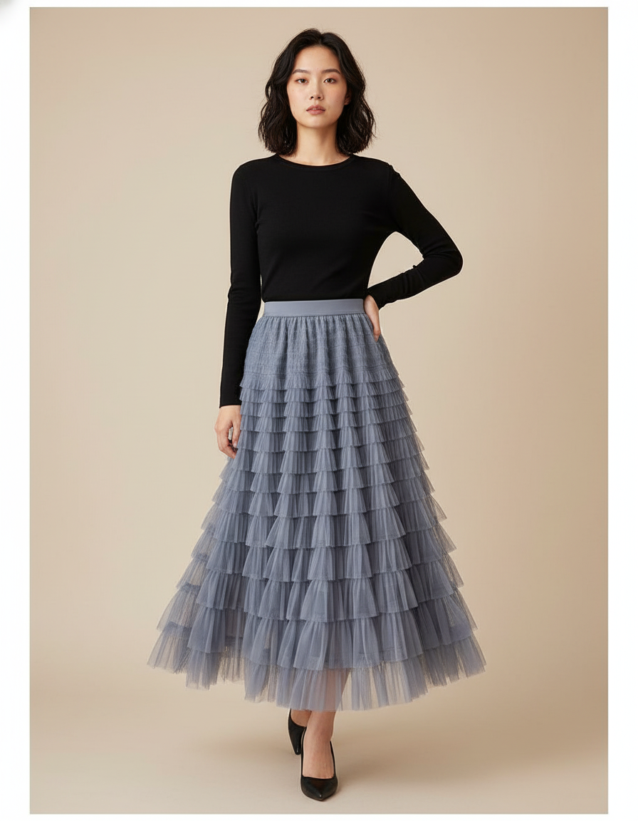 Jupe Longue Grise Tulle Volantée Bohème