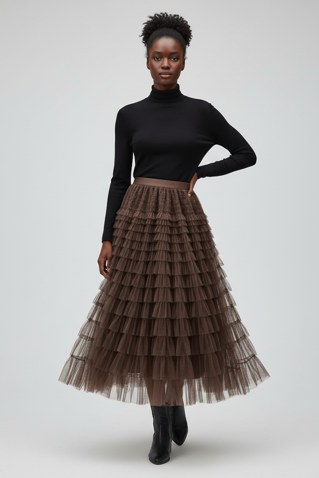 Jupe Longue Marron À Volants Superposés Bohème