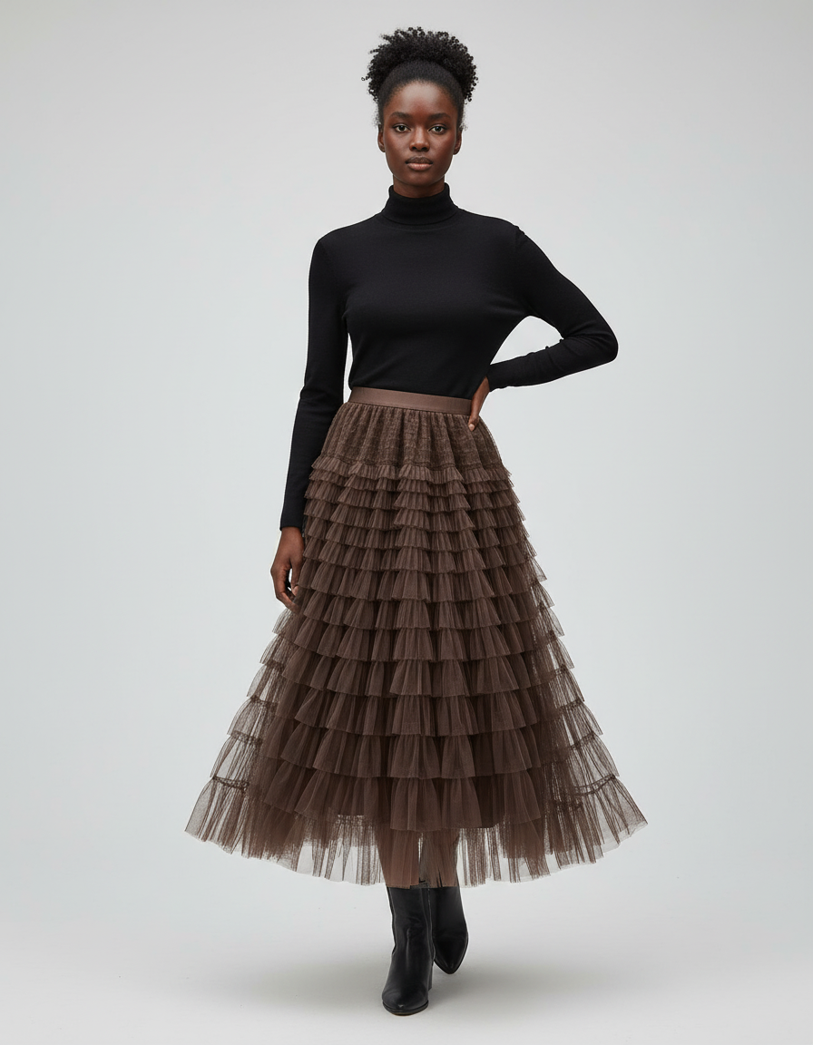 Jupe Longue Marron À Volants Superposés Bohème