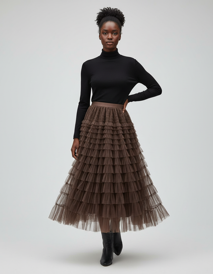 Jupe Longue Marron À Volants Superposés Bohème