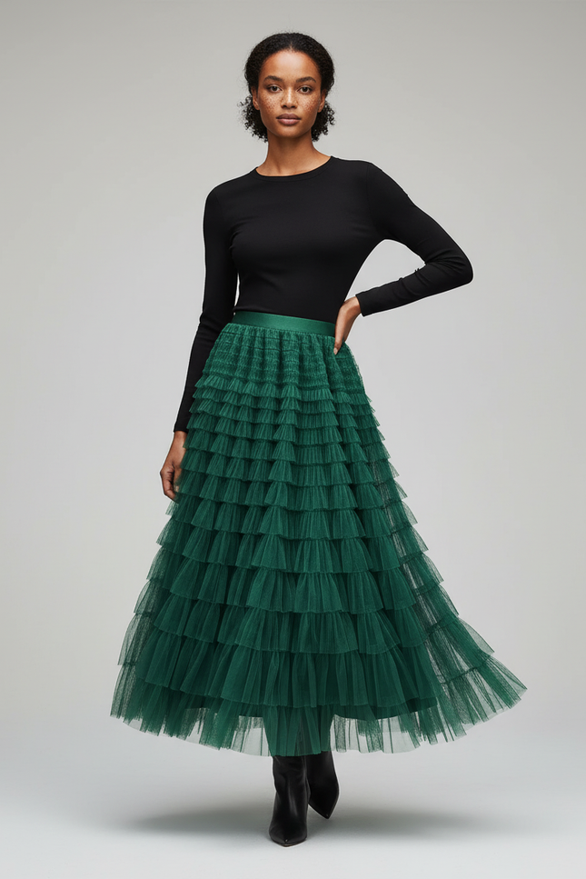 Jupe Longue Verte À Volants Superposés Bohème