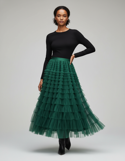 Jupe Longue Verte À Volants Superposés Bohème