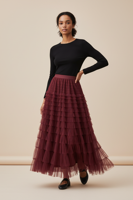 Jupe Longue Bordeaux Volants Bohème