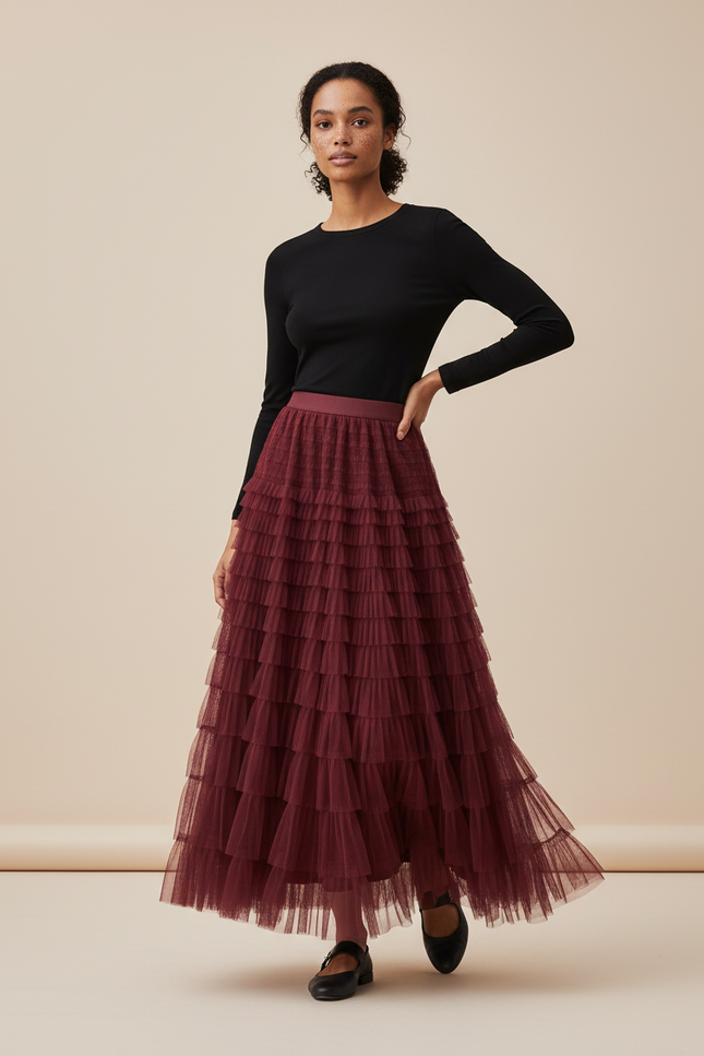 Jupe Longue Bordeaux Volants Bohème