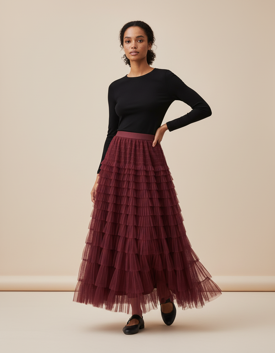 Jupe Longue Bordeaux Volants Bohème