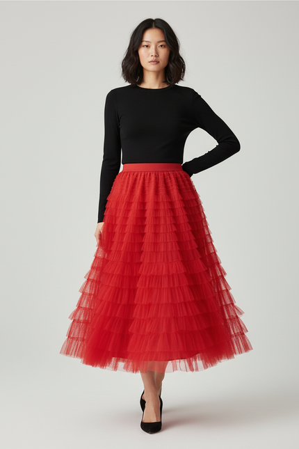 Jupe Longue Rouge À Volants Chic