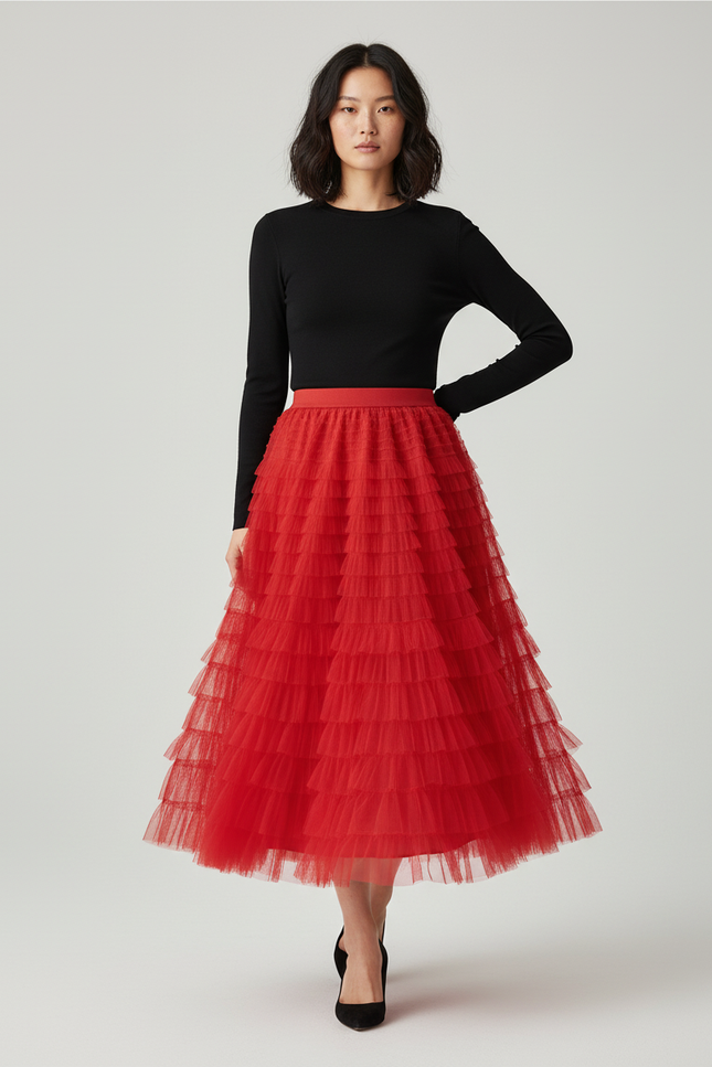 Jupe Longue Rouge À Volants Chic