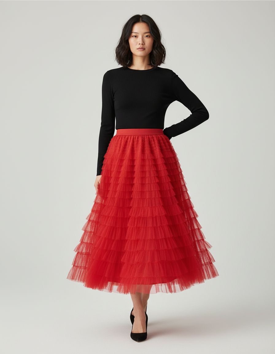 Jupe Longue Rouge À Volants Chic