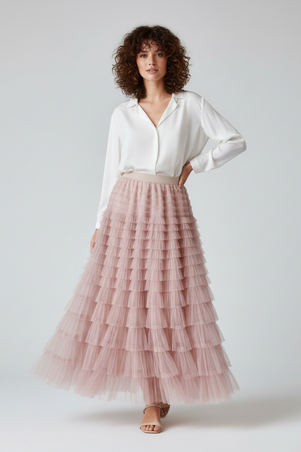 Jupe Longue Rose Poudré À Volants Fluide