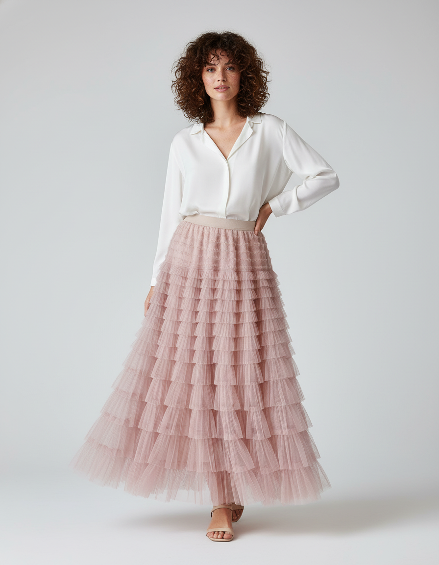 Jupe Longue Rose Poudré À Volants Fluide