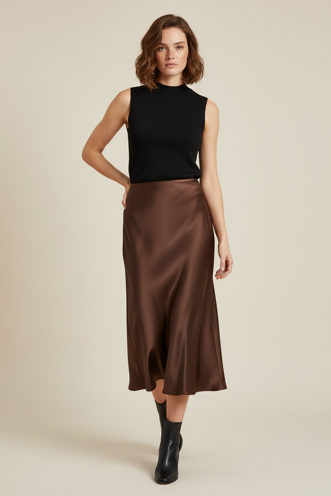 Jupe Longue Satin Chocolat