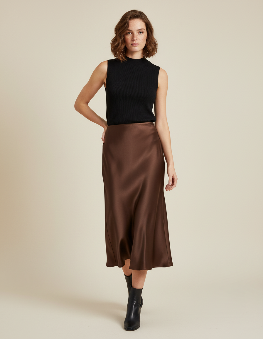 Jupe Longue Satin Chocolat