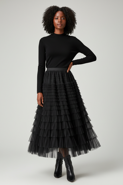 Jupe Longue Noire Tulle Volants Chic Élégante