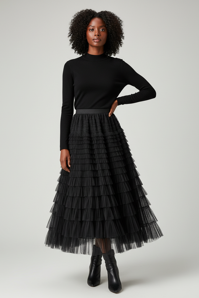 Jupe Longue Noire Tulle Volants Chic Élégante