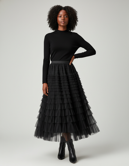 Jupe Longue Noire Tulle Volants Chic Élégante