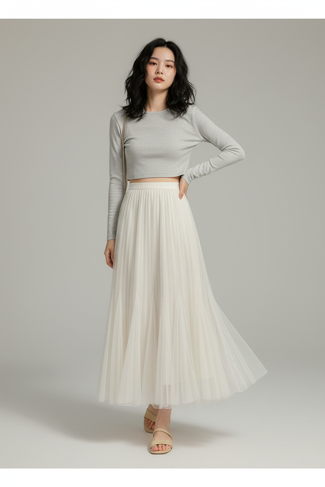 Jupe Longue Écru Plissée Fluide