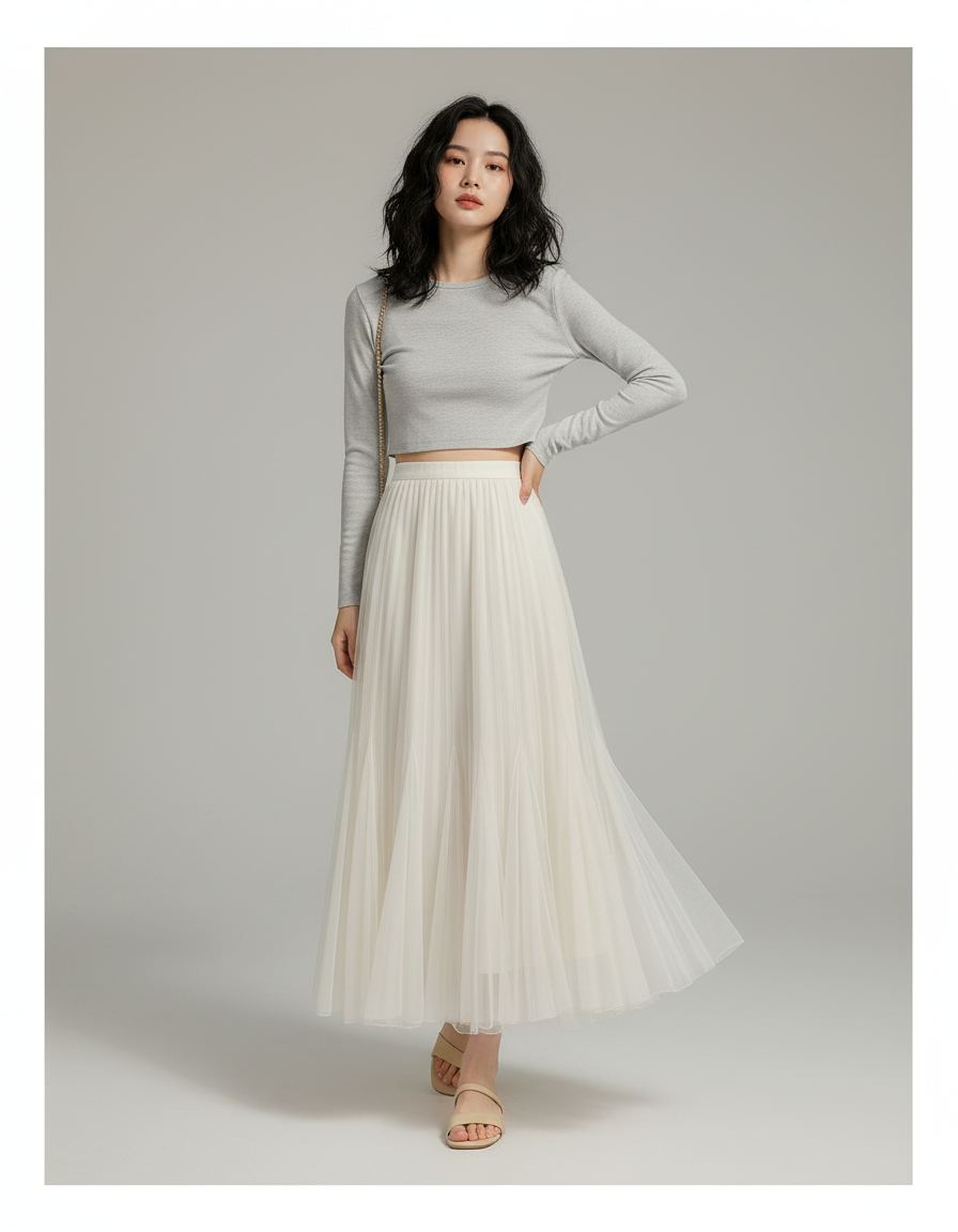 Jupe Longue Écru Plissée Fluide