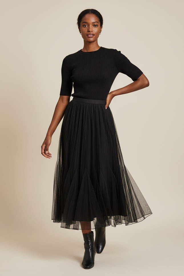 Jupe Longue Noire Plissée Élégante Chic Femme