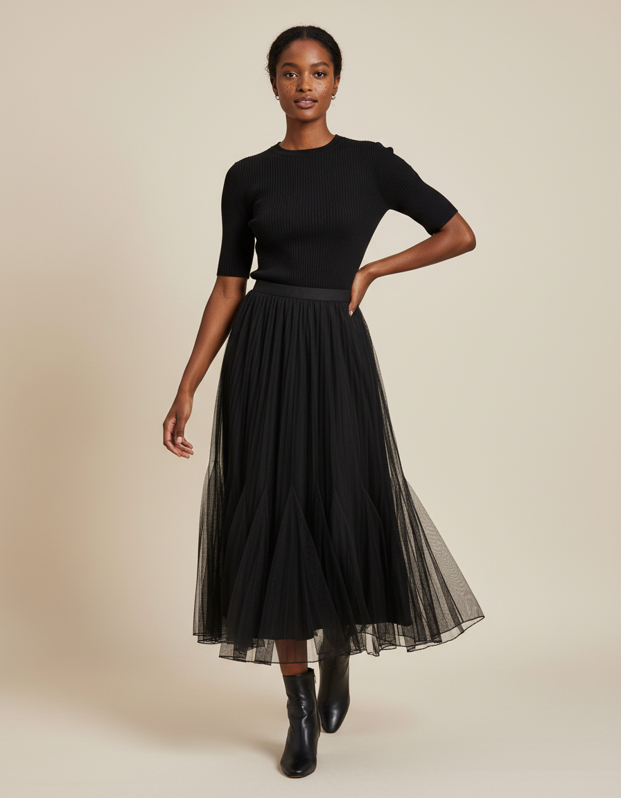Jupe Longue Noire Plissée Élégante Chic Femme