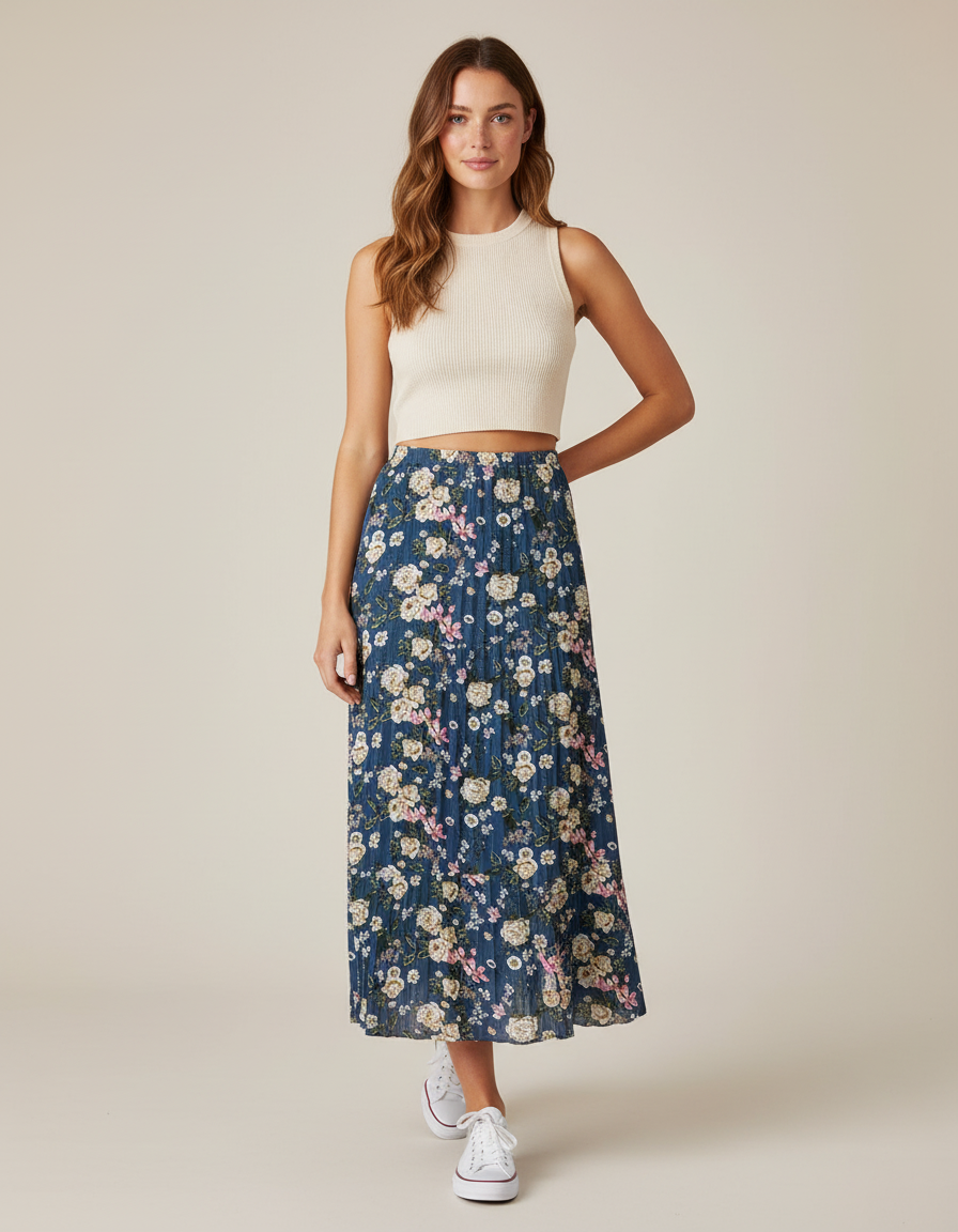 Jupe Longue Florale Plissée Fluide