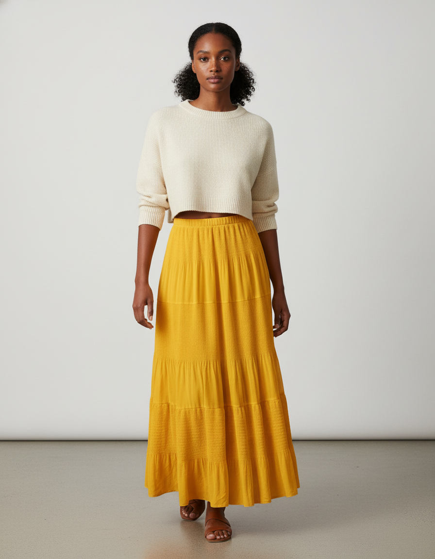 Jupe Longue Jaune Étagée Fluide