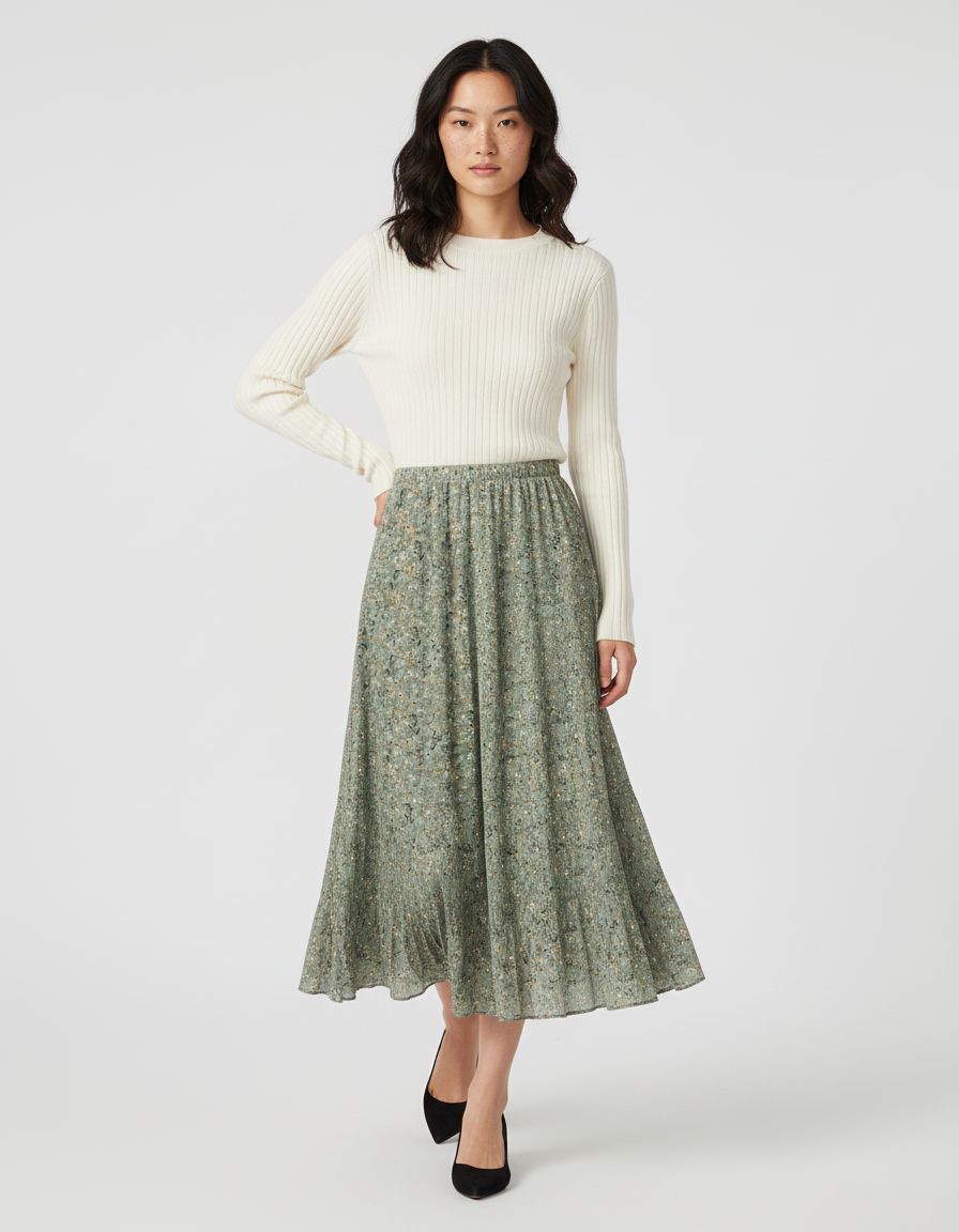 Jupe Longue Verte Plissée Fluide Élégante