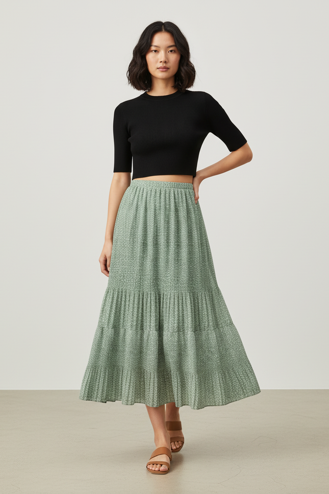 Jupe Longue Vert Sauge Plissée Fluide