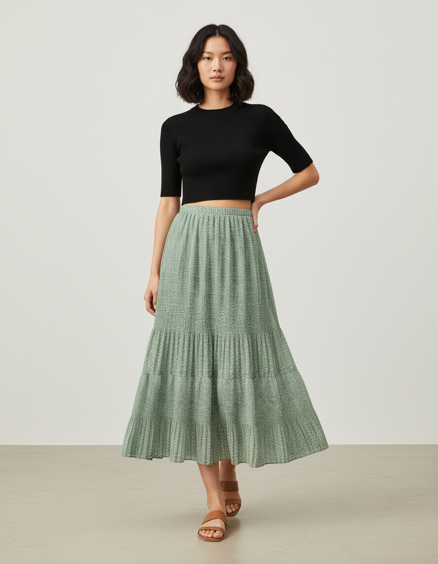 Jupe Longue Vert Sauge Plissée Fluide