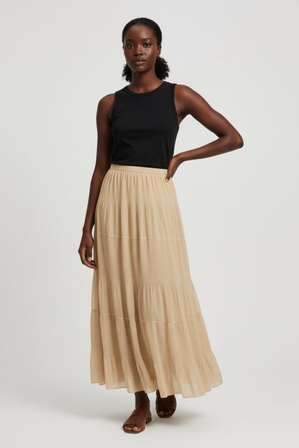 Jupe Longue Beige Plissée Fluide Femme