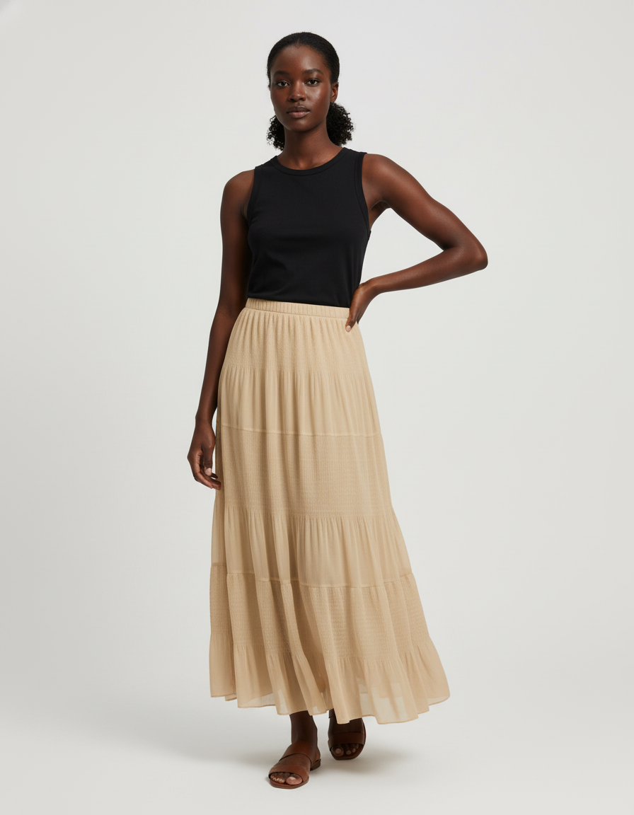 Jupe Longue Beige Plissée Fluide Femme