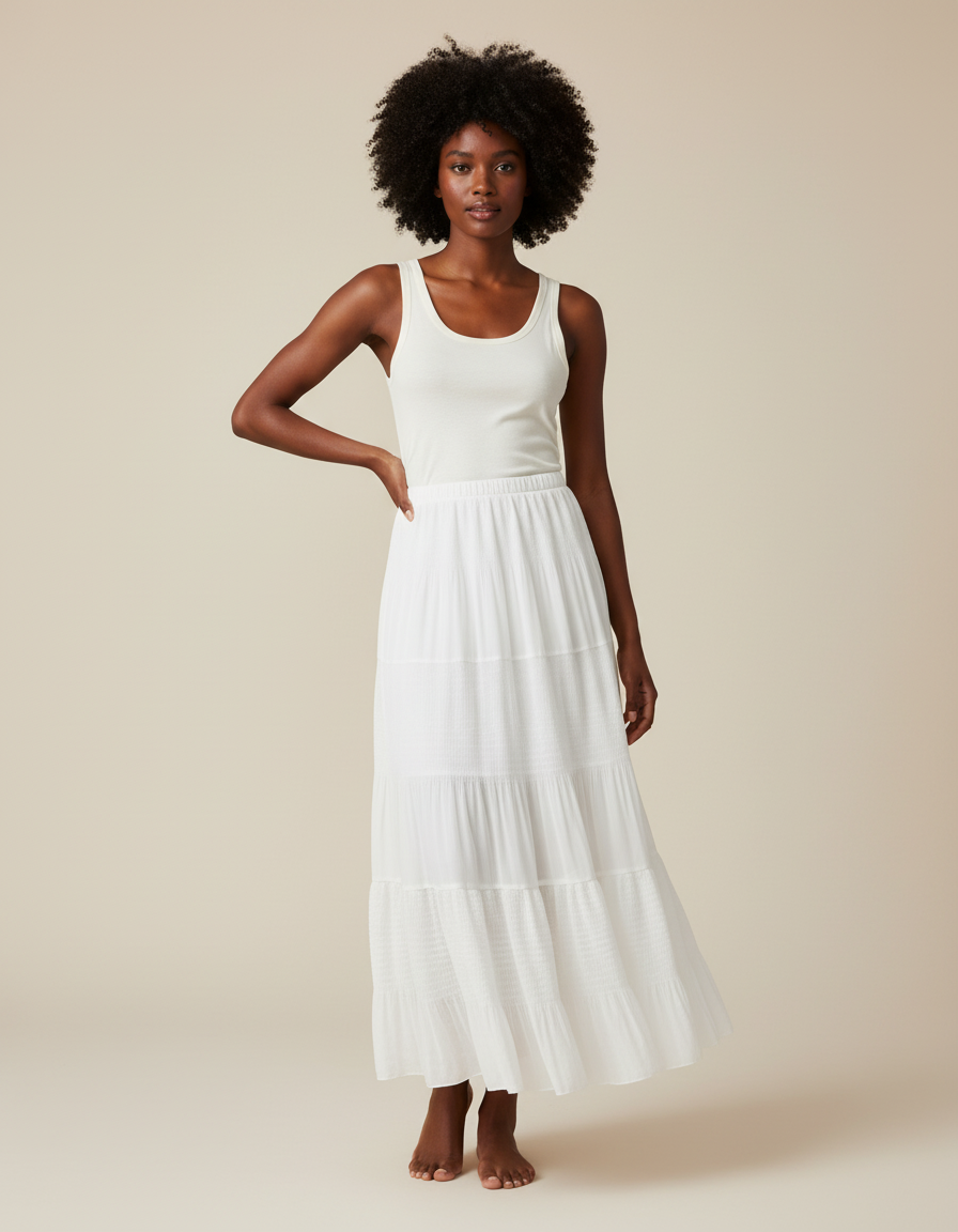 Jupe Longue Blanche Fluide À Volants