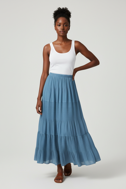Jupe Longue Bleue Fluide À Volants