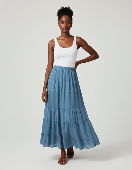 Jupe Longue Bleue Fluide À Volants