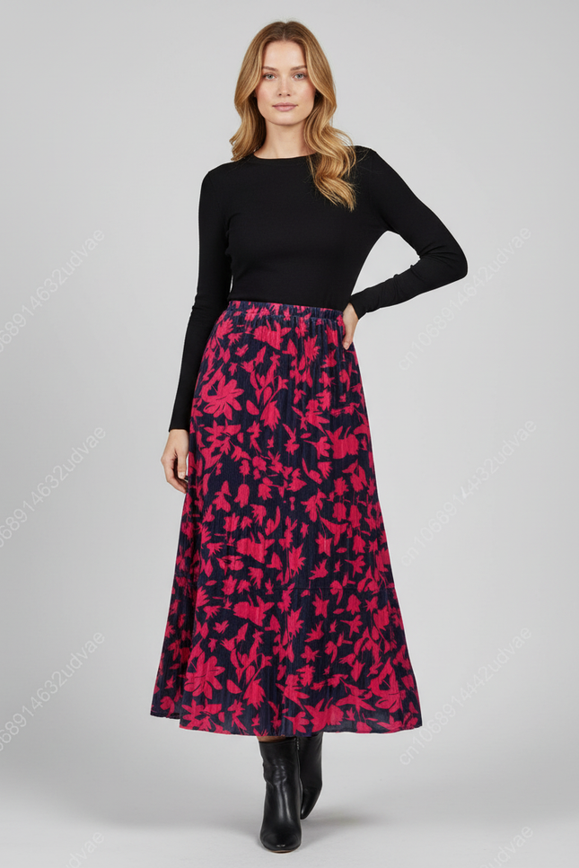 Jupe Longue Plissée Fleurie Fluide Femme