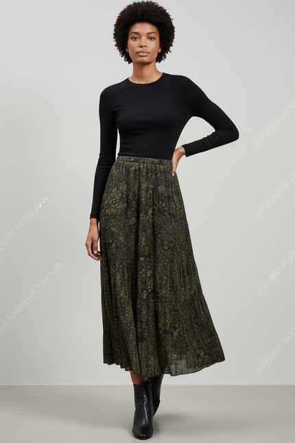 Jupe Longue Plissée Verte Imprimée Fluide