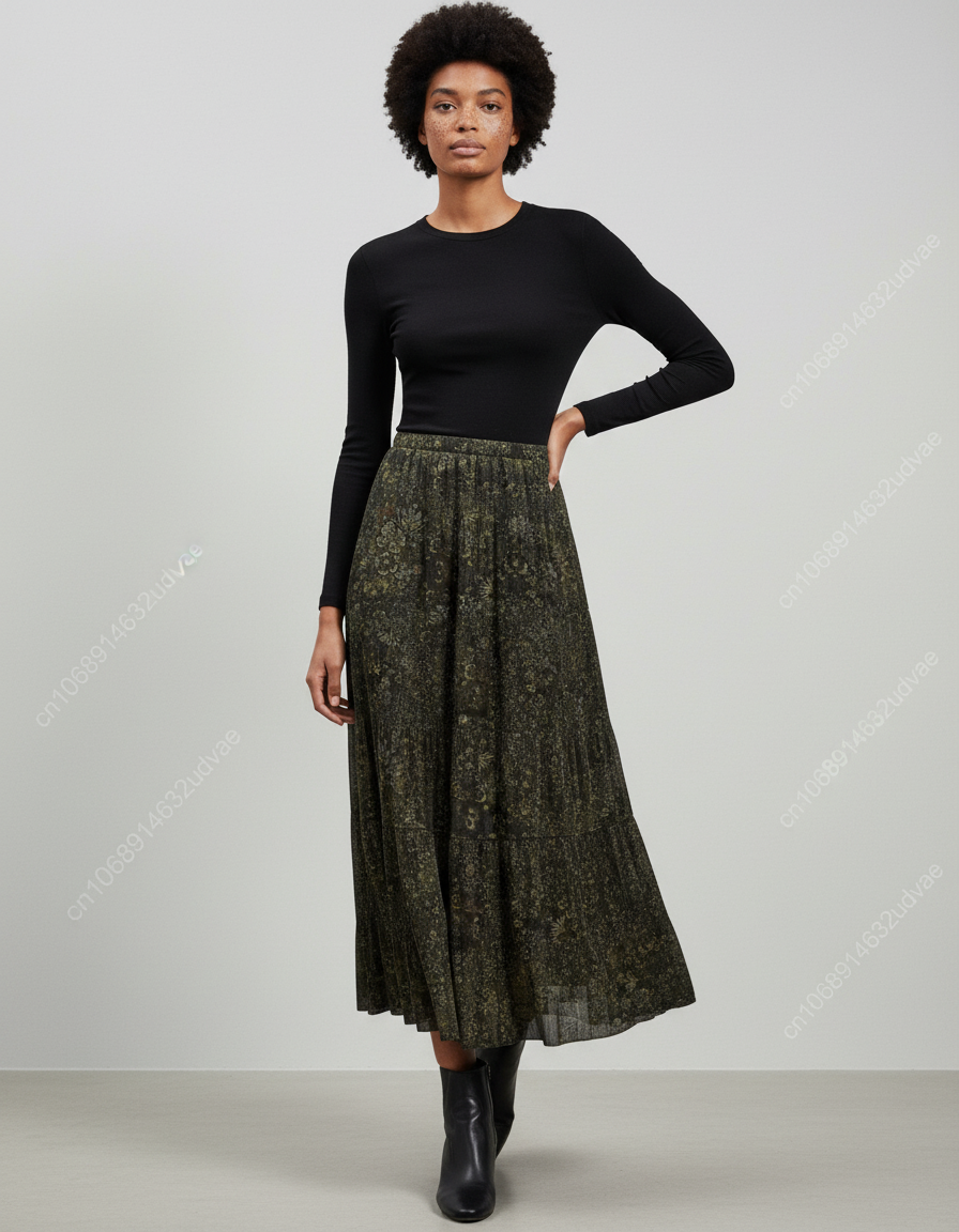 Jupe Longue Plissée Verte Imprimée Fluide