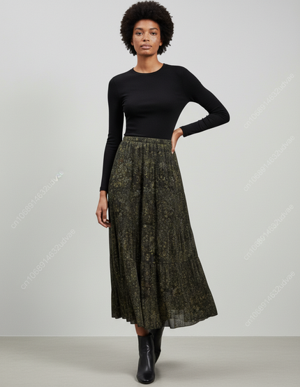 Jupe Longue Plissée Verte Imprimée Fluide