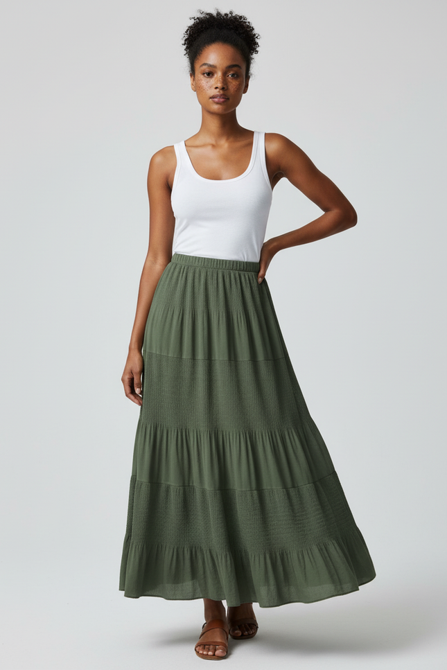Jupe Longue Vert Kaki Plissée Fluide