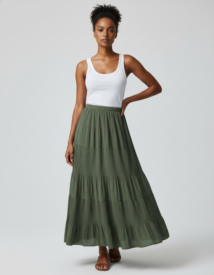 Jupe Longue Vert Kaki Plissée Fluide