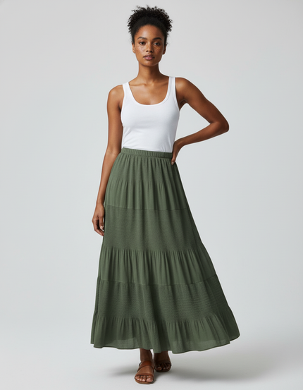 Jupe Longue Vert Kaki Plissée Fluide