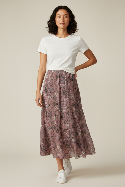 Jupe Longue Chiffon Fleurie Plissée