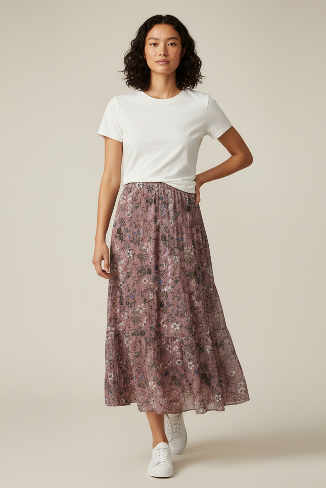 Jupe Longue Chiffon Fleurie Plissée