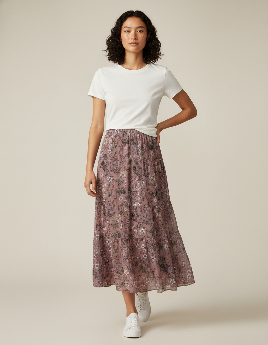 Jupe Longue Chiffon Fleurie Plissée