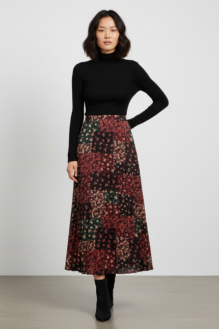 Jupe Longue Plissée Fleurie Fluide Femme Élégante